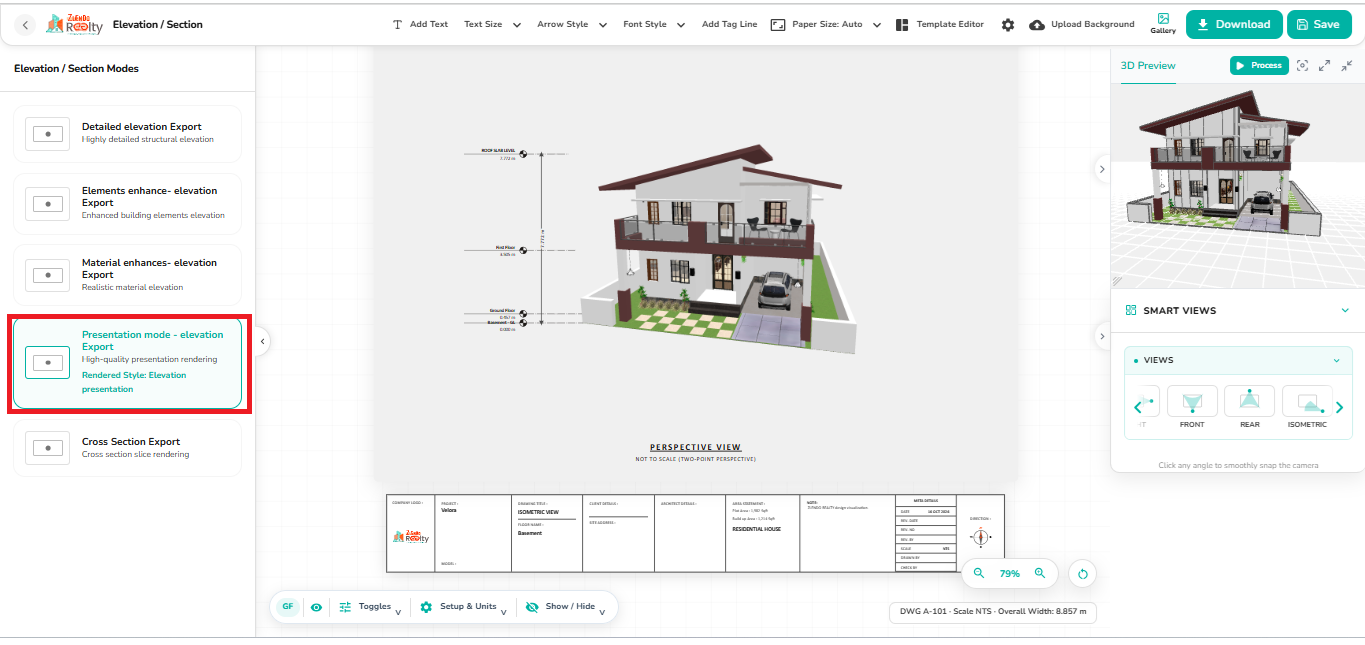 Presentation Mode Elevation Export displaying a realistic rendered building elevation with architectural level markers and a presentation-ready layout.