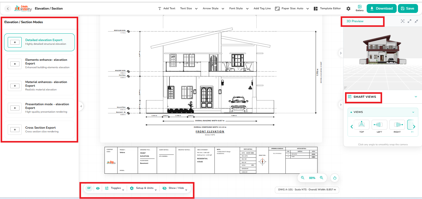 Elevation / Section Modes workspace displaying multiple elevation and section export options, a detailed front elevation drawing, and a 3D preview panel with smart view controls.
