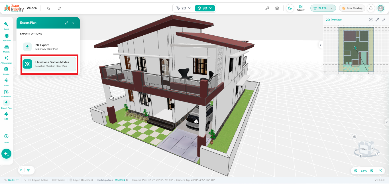 Export Plan panel displaying the Elevation / Section Modes option, allowing users to generate elevation and section drawings from the 3D building model. The workspace includes a 3D model preview and a 2D floor plan overview panel.