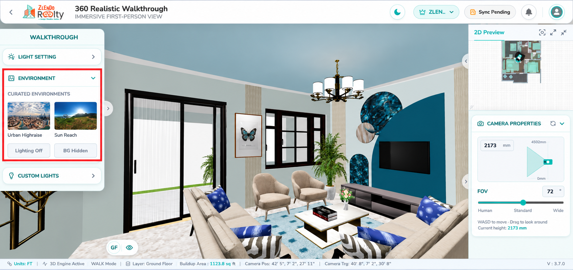 Environment Settings panel in 360° Realistic Walkthrough mode displaying curated environment presets such as Urban Highrise and Sun Beach. Users can select different surroundings and control options like Lighting On/Off and Background Visibility to customize the external environment and overall scene appearance during the walkthrough.