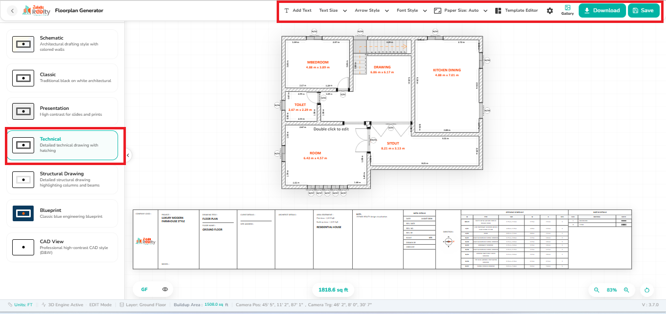 2D Export workspace displaying the default Technical View floor plan with drawing style options on the left panel and export customization tools on the top toolbar.