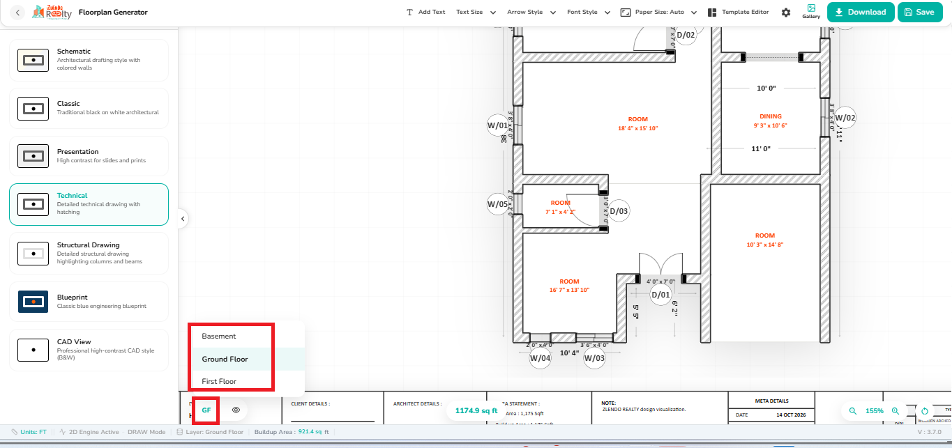 Floor selection menu in the 2D Export workspace showing Basement, Ground Floor, and First Floor options for switching between building levels.
