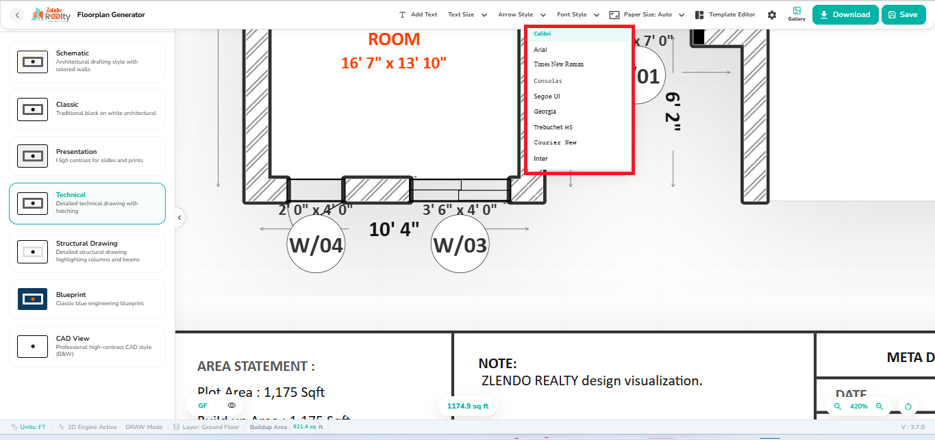 Font Style dropdown menu in the 2D Export workspace displaying multiple font options, including Calibri, Arial, Times New Roman, Consolas, Segoe UI, Georgia, Trebuchet MS, Courier New, and Inter.