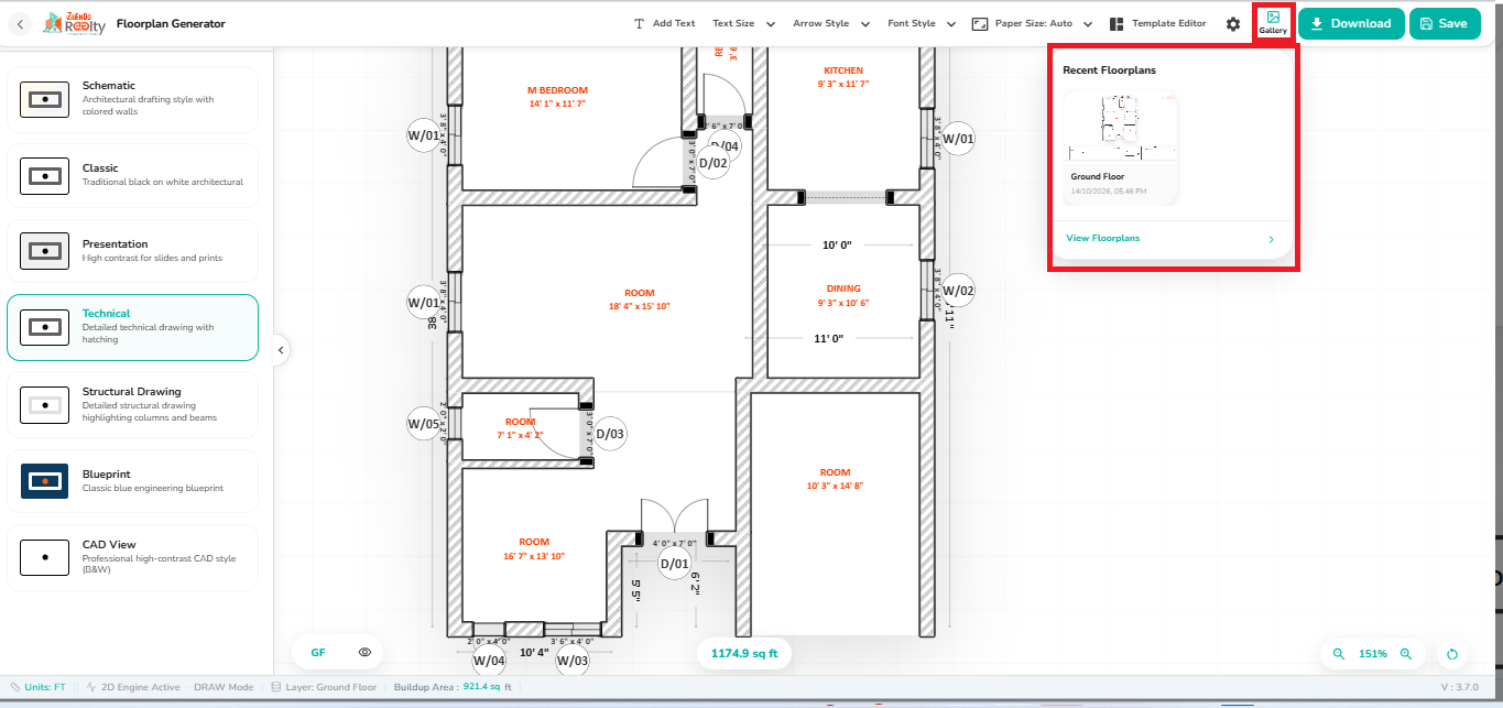 Gallery panel in the 2D Export workspace displaying recent floor plan thumbnails and a View Floorplans option for accessing saved drawings.
