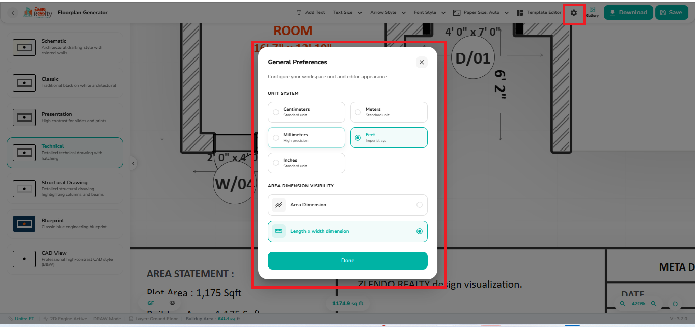 General Preferences dialog in the 2D Export workspace showing unit system options and area dimension visibility settings.