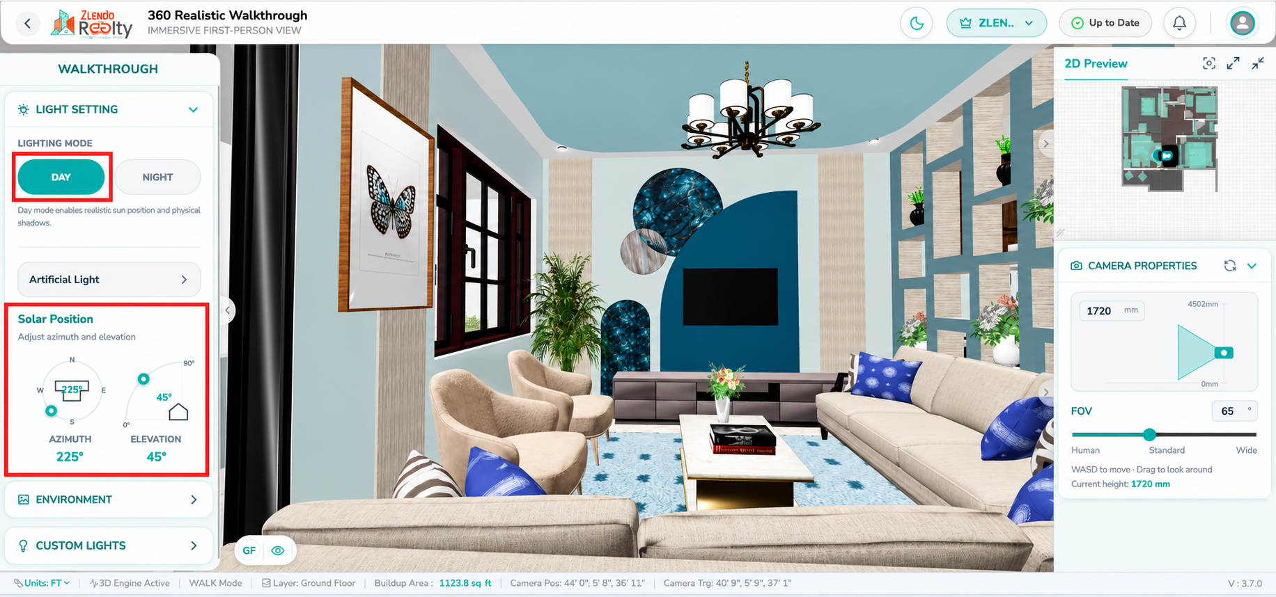 Light Settings panel in 360° Realistic Walkthrough showing Day Mode enabled with Solar Position controls. Users can adjust the sun's azimuth and elevation angles to simulate realistic daylight and shadow behavior throughout the project.
