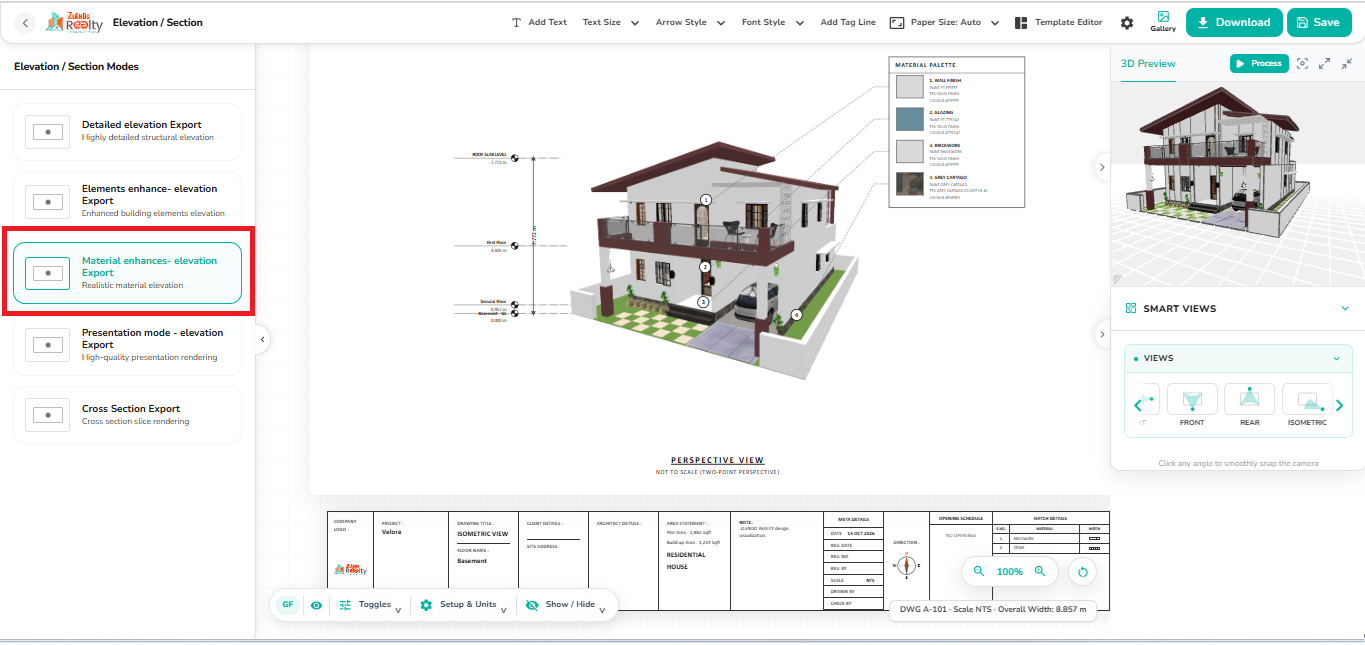 Material-enhanced elevation view displaying realistic façade finishes, wall textures, and roof materials.