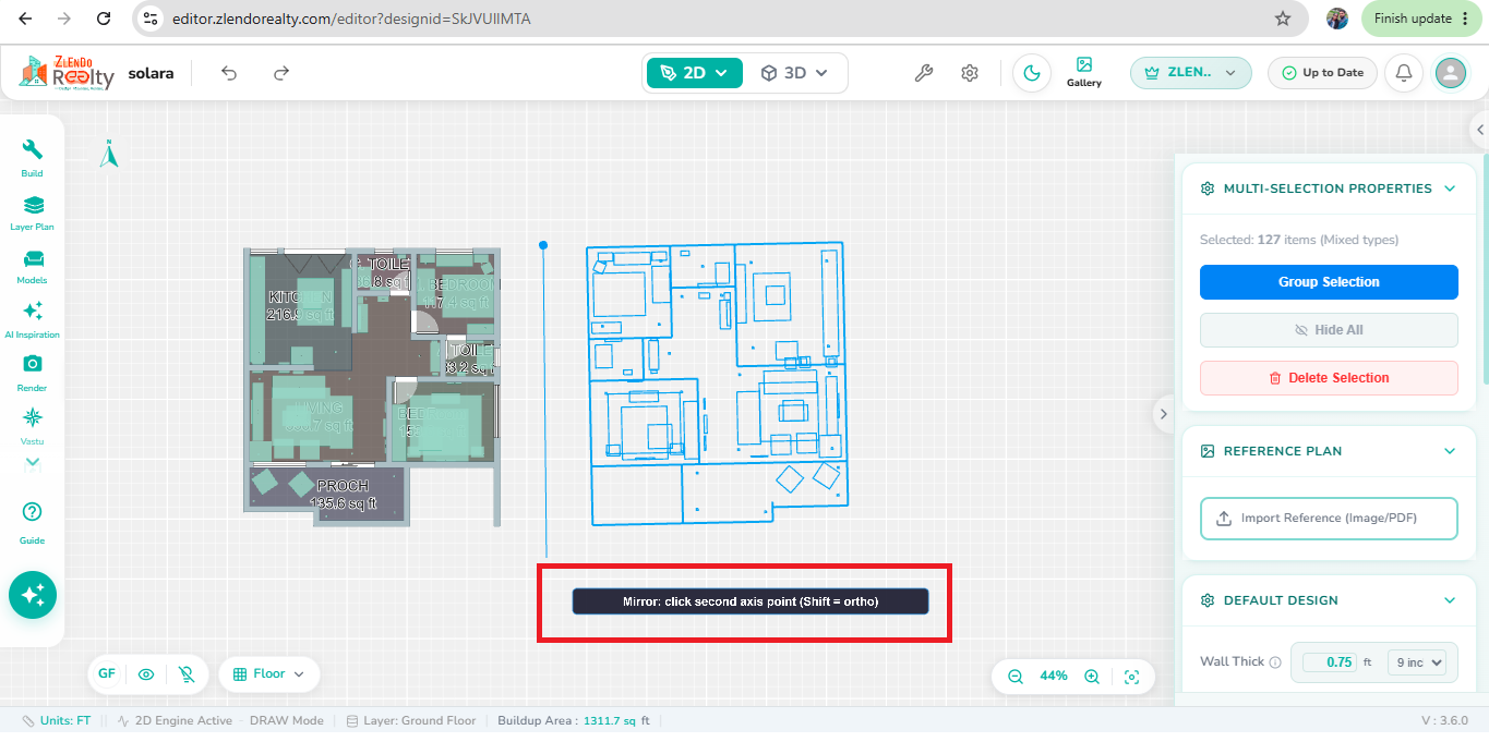 Mirror tool for creating a reflected version of the selected object.