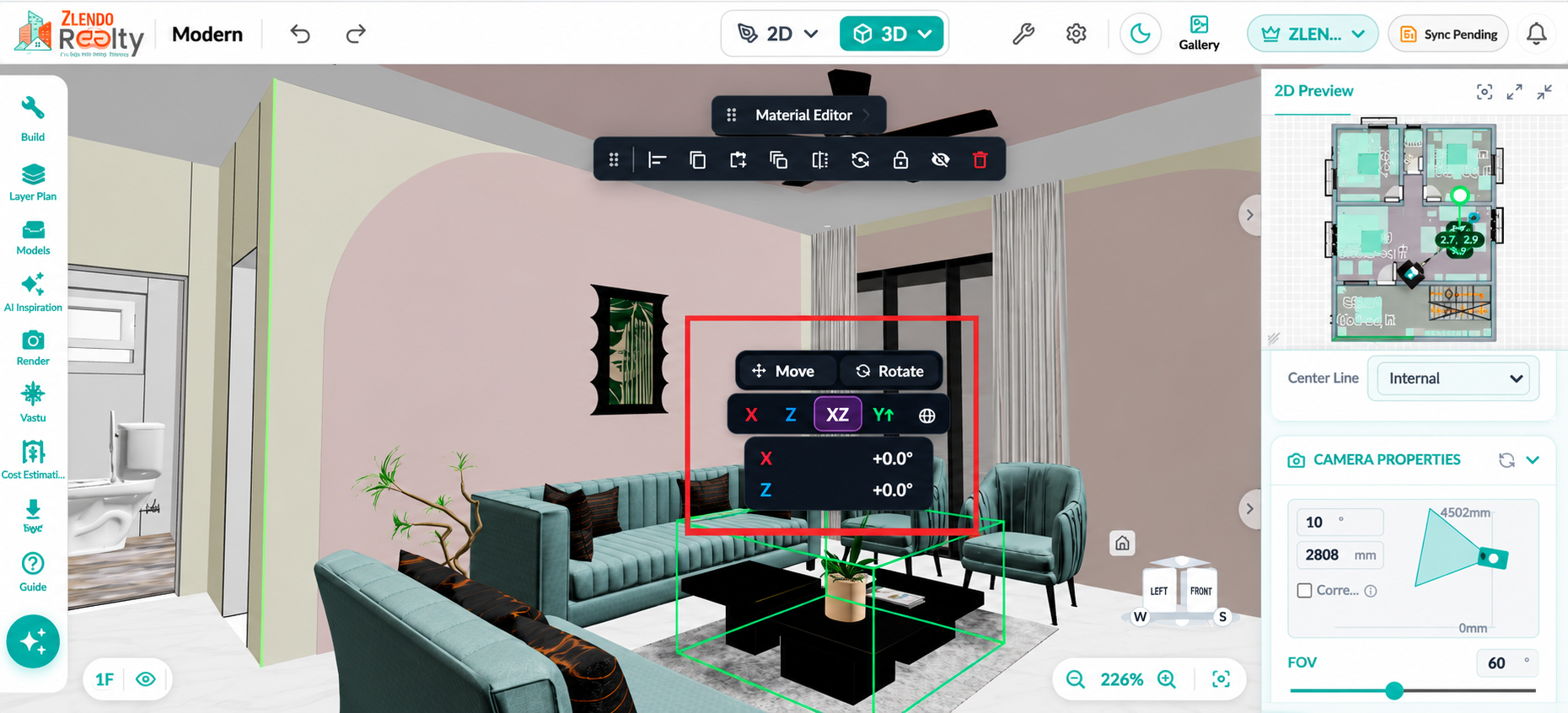 Selected furniture asset highlighted in 3D mode with Move controls and directional axes, allowing precise repositioning of the asset within the room layout.