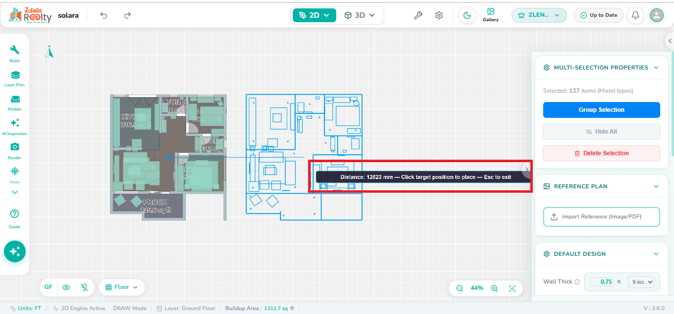 Move tool for repositioning selected objects within the floor plan.