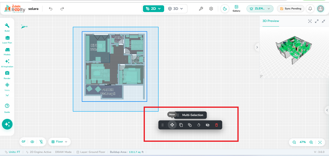 Multiple floor plan objects selected with a modification toolbar displaying options to Move, Copy, Mirror, Rotate, Hide, and Delete the selected items.