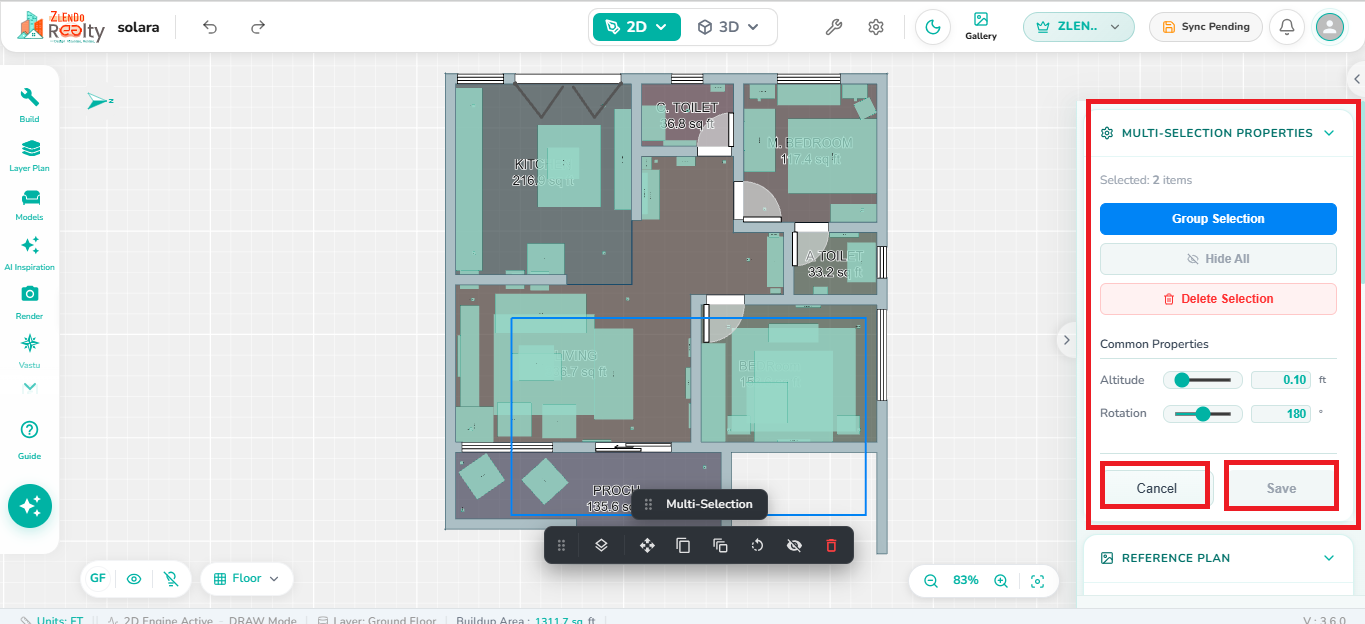 Multiple objects selected in the floor plan using the Shift key