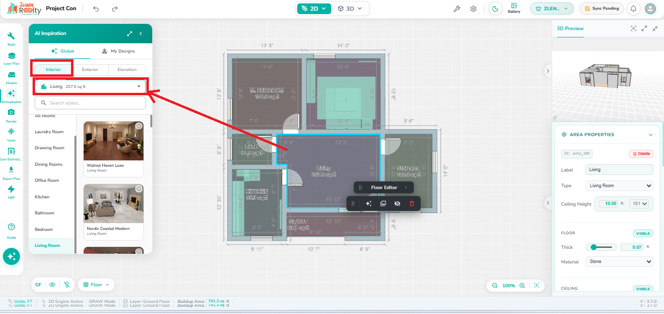Interior AI Inspiration panel showing the Living Room selected with room area information and available Living Room styles.