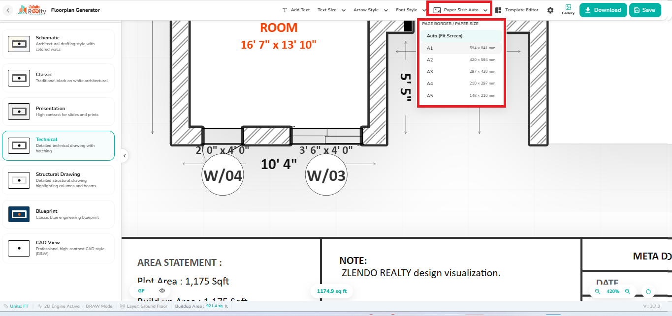 Paper Size dropdown menu in the 2D Export workspace showing Auto Fit Screen and A1 to A5 sheet size options for drawing export.