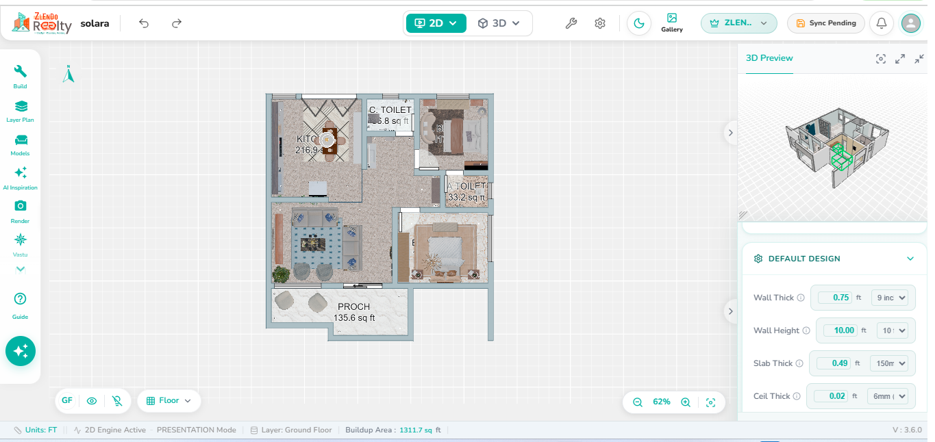 Floor plan displayed in Presentation Mode showing applied flooring materials, wall textures, furniture assets, and design elements with realistic visual representation.
