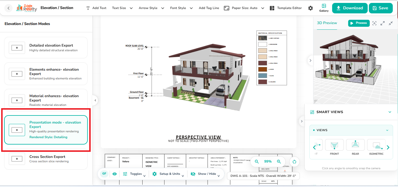 Presentation Mode Detailing view displaying a rendered building elevation with material specification legends and detailed presentation information.