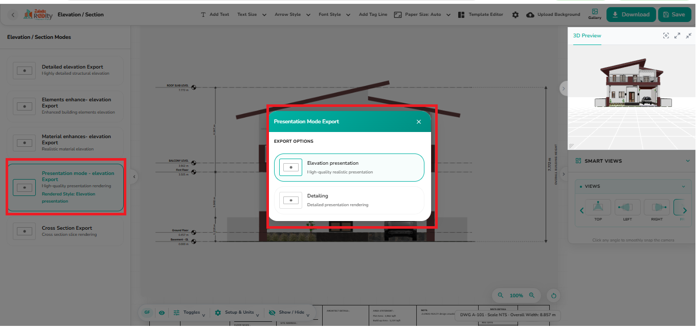 Presentation Mode Export dialog displaying two rendering options, Elevation Presentation and Detailing, for generating presentation-quality elevation views.