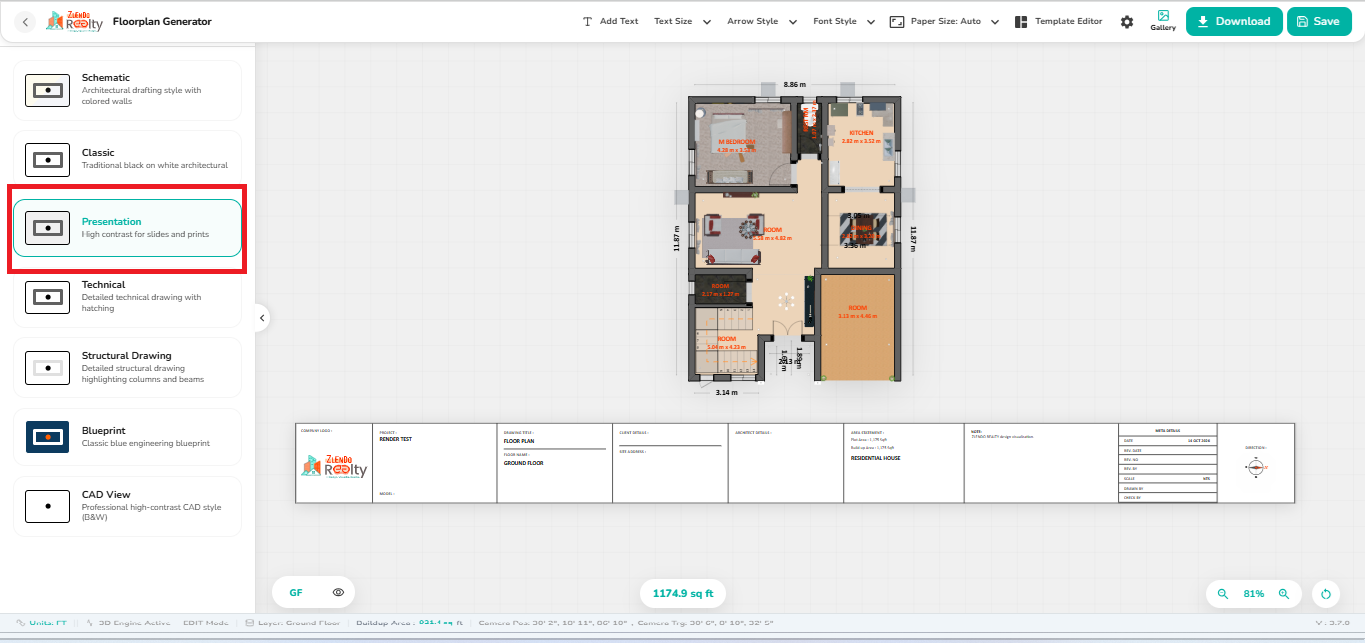 Presentation drawing style selected in the 2D Export workspace, displaying a furnished floor plan with realistic colors, furniture details, dimensions, and a project title block.