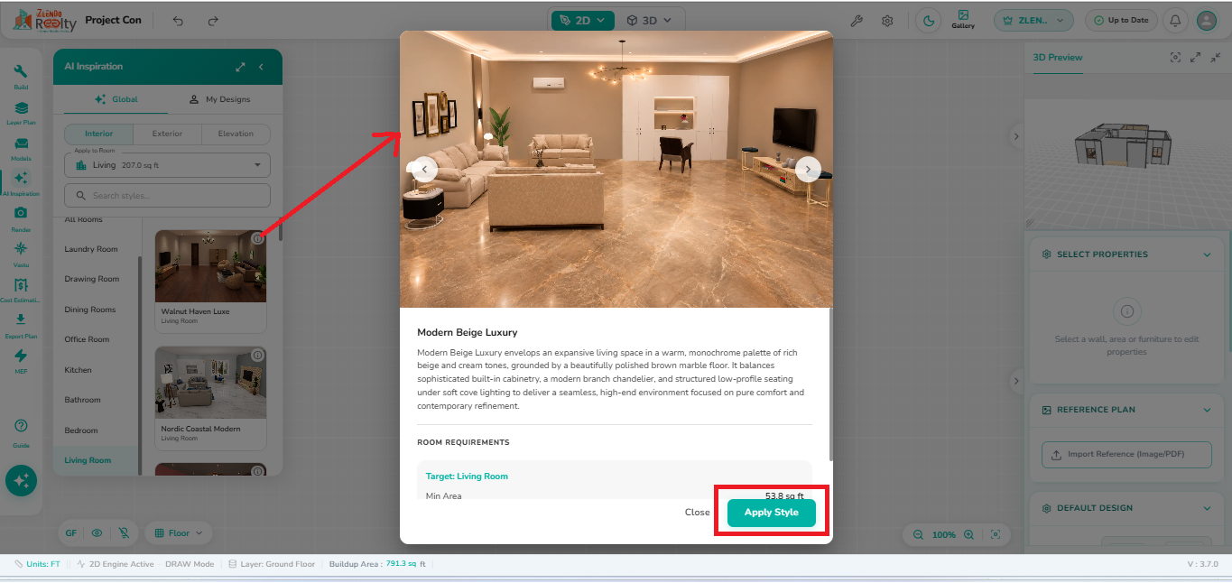 Interior inspiration preview showing a Living Room style, navigation controls, description, room requirements, and Apply Style button.