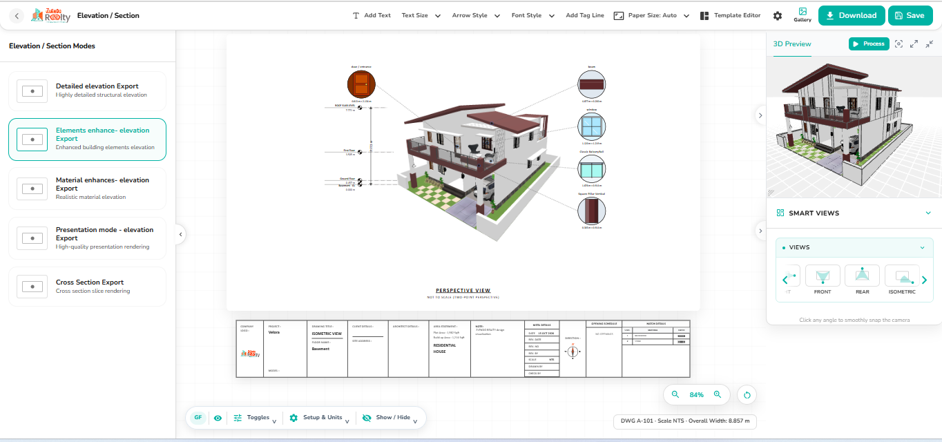 Elements-enhanced elevation export regenerated as a perspective view, with architectural element callouts and the current building orientation shown in the 3D Preview panel.