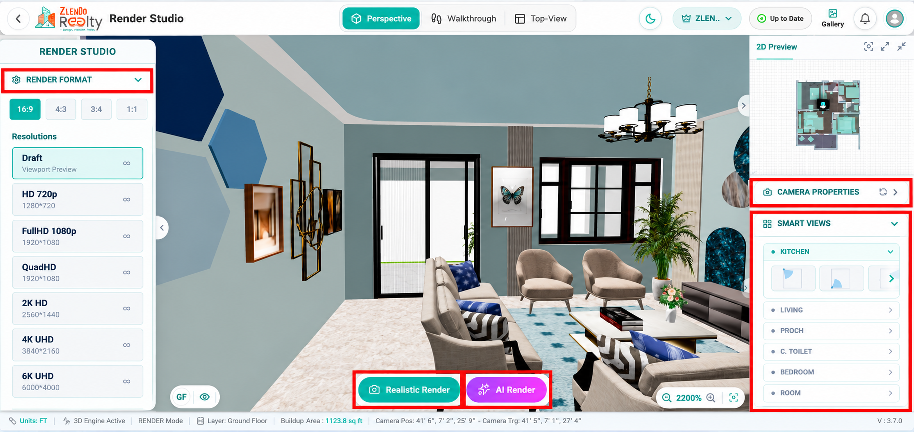 Render Studio interface displaying render format options, resolution settings, camera properties, smart views, and render buttons for generating photorealistic images from different project viewpoints.