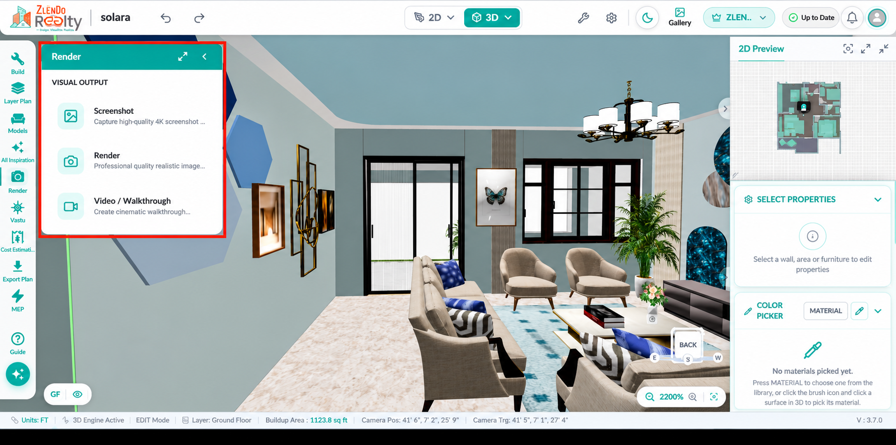 Render menu displaying three visual output options: Screenshot, Render Image, and Video/Walkthrough. Users can capture the current view, generate photorealistic rendered images, or create animated walkthrough videos of the project.
