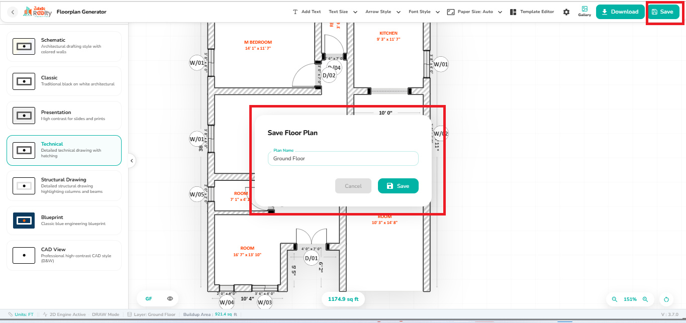 Save Floor Plan dialog box displayed in the 2D Export workspace, allowing users to enter a floor plan name and save the drawing.