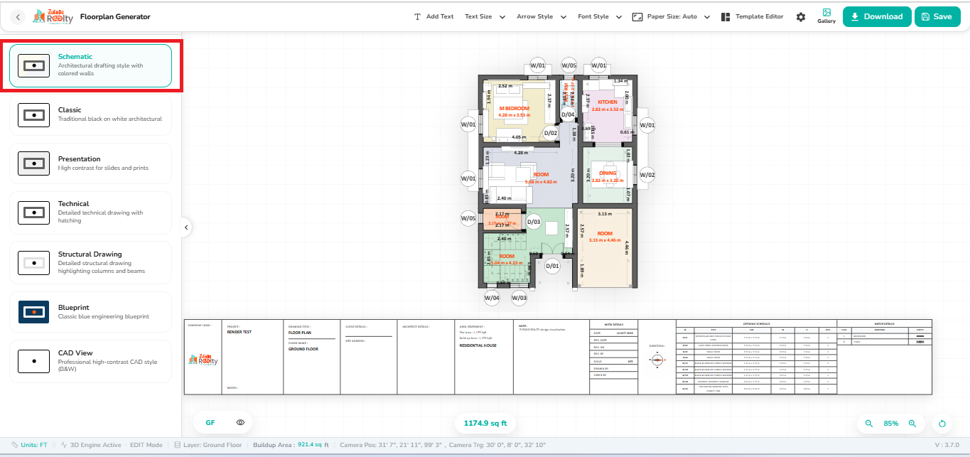Schematic drawing style selected in the 2D Export workspace, displaying a colored architectural floor plan with room labels, dimensions, and a title block layout.