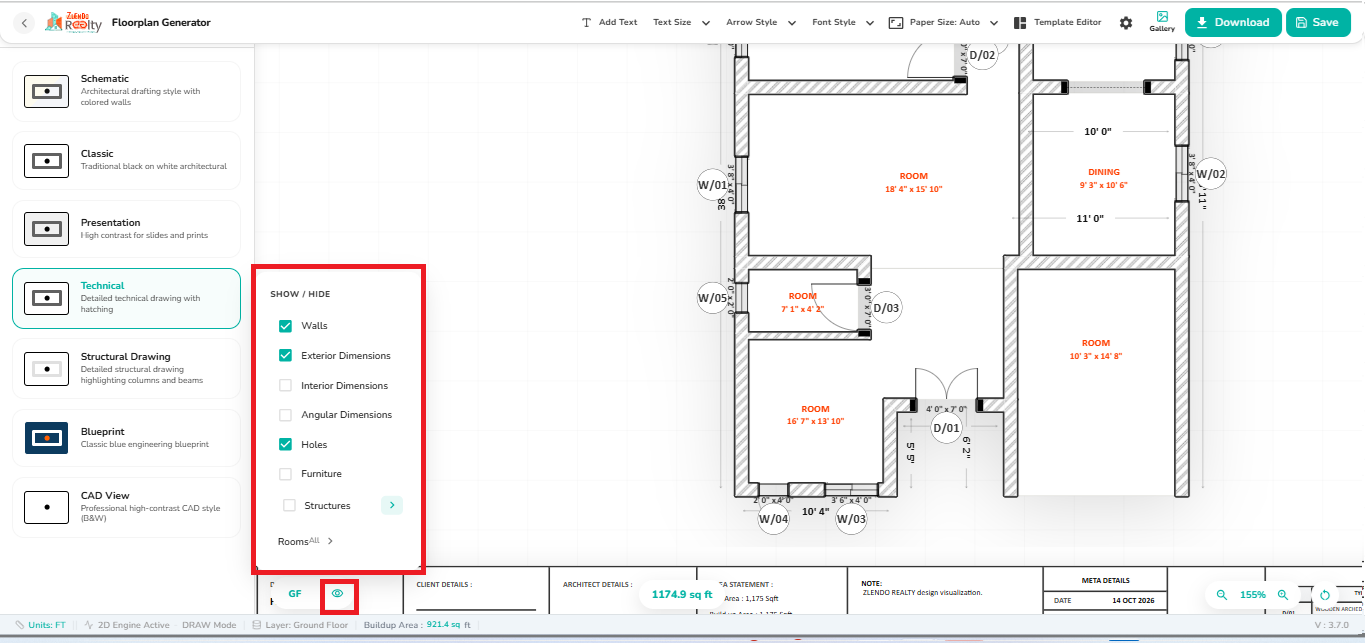Show/Hide panel in the 2D Export workspace displaying visibility controls for walls, dimensions, holes, furniture, structures, and room elements.