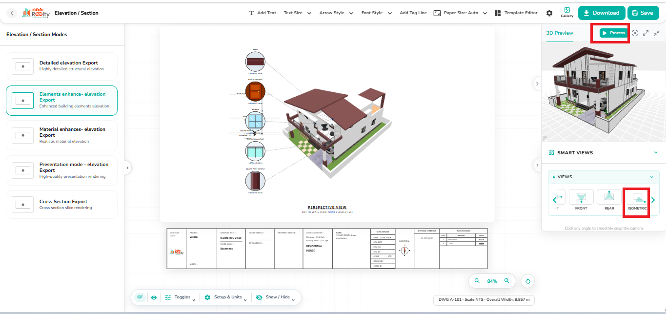 Smart Views panel showing the Isometric view selected, with a synchronized 3D preview of the building model displayed for perspective elevation generation.