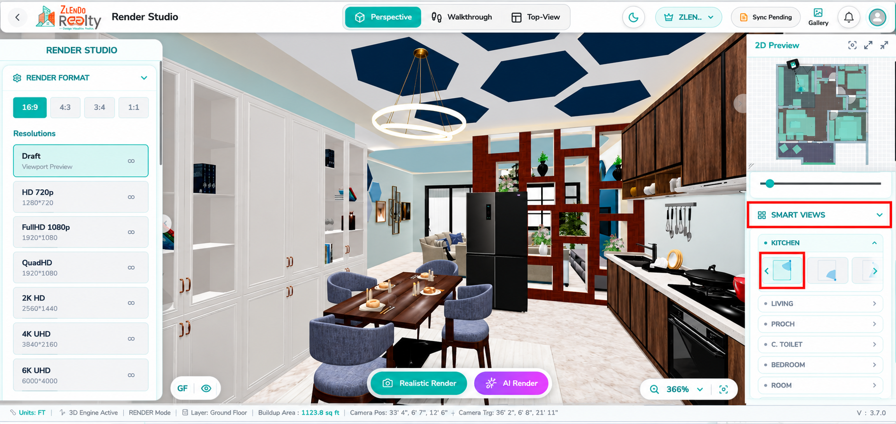 Smart Views panel in Render Studio displaying predefined camera viewpoints for the Kitchen and other rooms. Users can select different view thumbnails to instantly switch the camera angle and generate renders from optimized room perspectives.