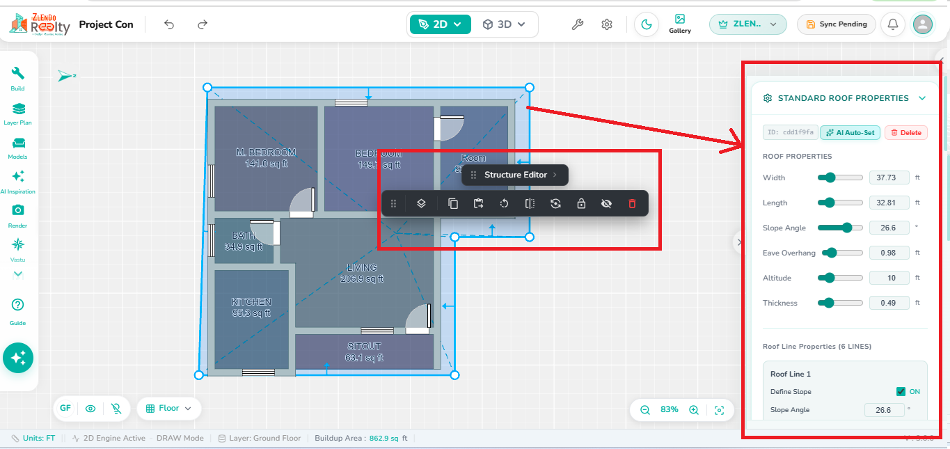 Standard roof selected in the floor plan showing the Standard Roof Properties panel on the right side and a roof modification toolbar with editing options such as Copy, Repeat, Rotate, Lock, Hide, and Delete.
