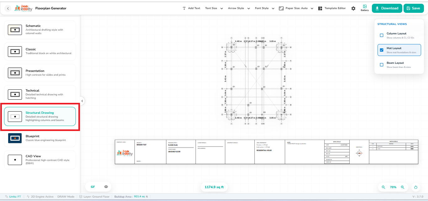 Structural Drawing view displaying the Mat Layout option selected, showing foundation grid lines, column positions, structural dimensions, and layout annotations within the 2D Export workspace.