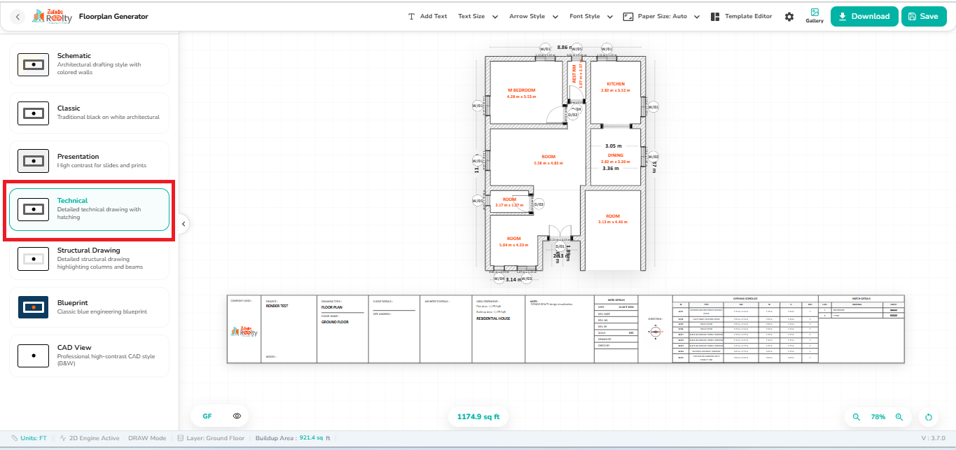 Technical View selected in the 2D Export workspace, displaying a detailed floor plan with wall hatching, room dimensions, architectural annotations, title block, and opening schedules.