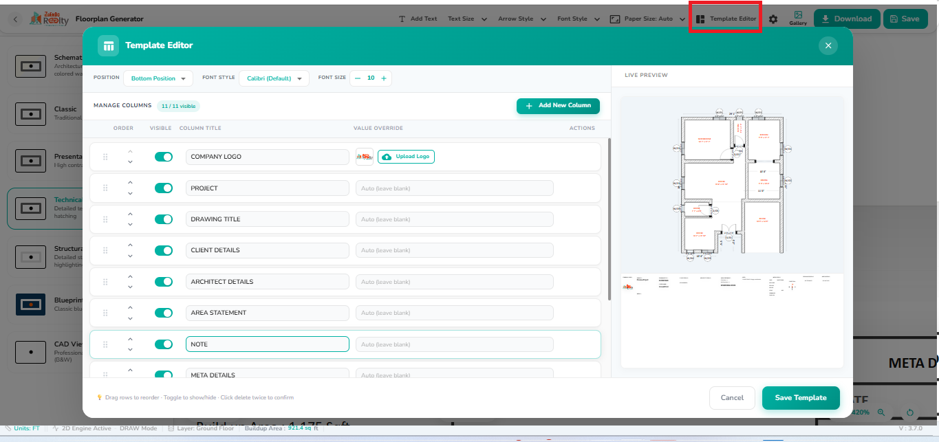 Template Editor window in the 2D Export workspace showing title block customization options, field visibility controls, logo upload, font settings, and live drawing preview.