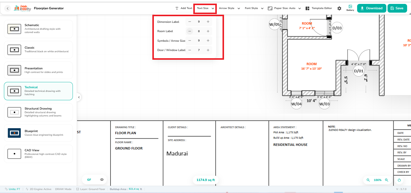 Text Size settings panel in the 2D Export workspace showing controls to adjust Dimension Labels, Room Labels, Symbols/Arrow Size, and Door/Window Label sizes.