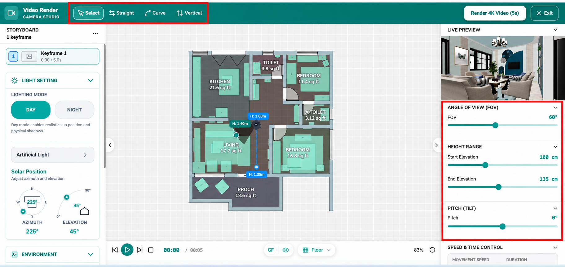 Video Render Studio showing a floor plan with camera path controls, live preview window, and video settings including field of view, elevation height, pitch angle, movement type, and rendering options for creating walkthrough animations.