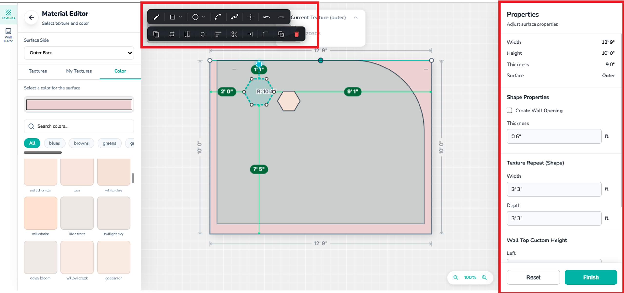 Wall Editor window displaying wall drawing and modification tools, with material editing options on the left and wall properties on the right for advanced wall customization.