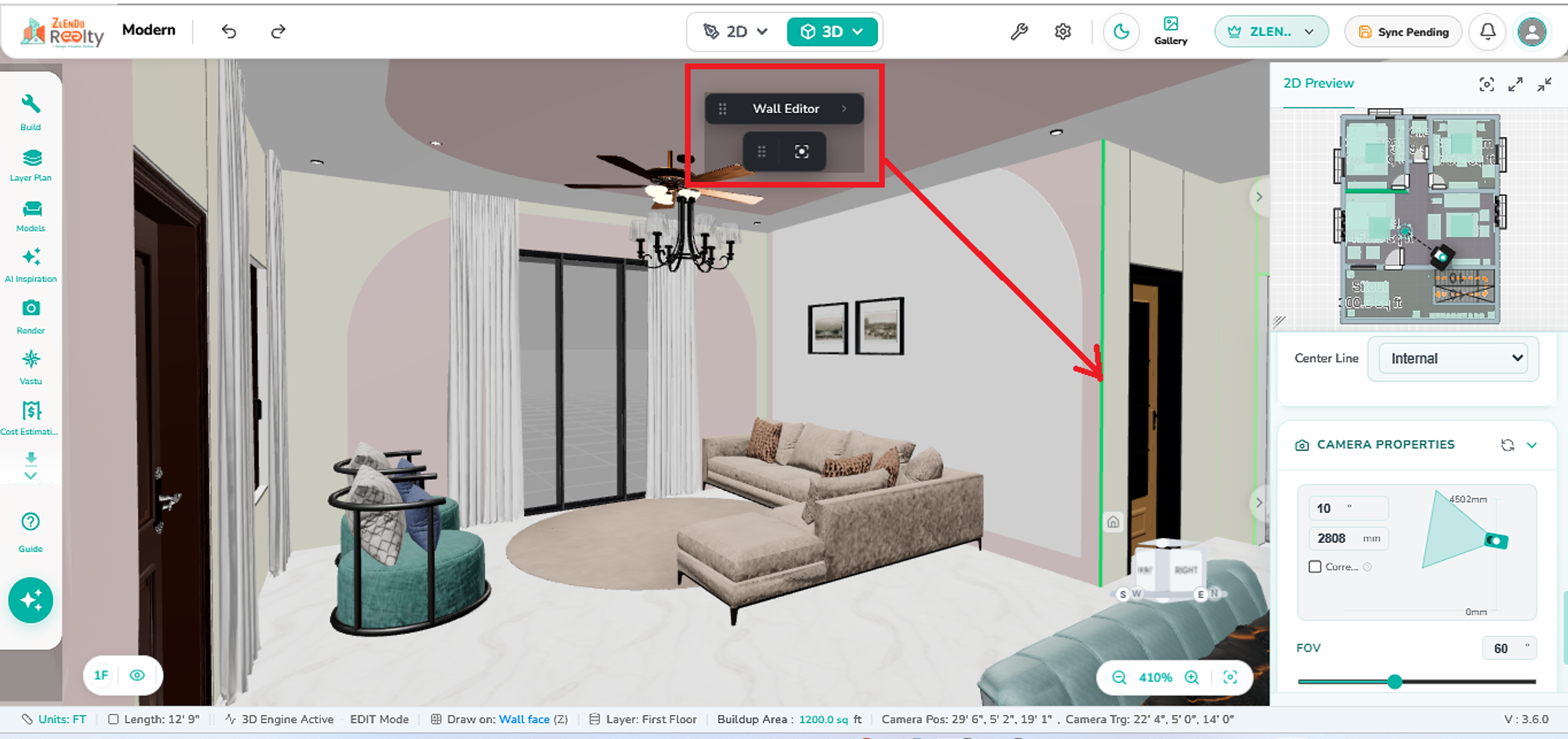 Selected wall in 3D view highlighted with a Wall Editor popup toolbar and wall properties panel, allowing users to edit wall geometry, alignment, and wall-specific settings.
