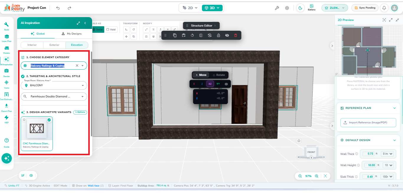 AI Elevation Inspiration panel showing Balcony Railings & Coping selected as the element category, Balcony target area selected, and a railing design variant ready to be applied to the building elevation.