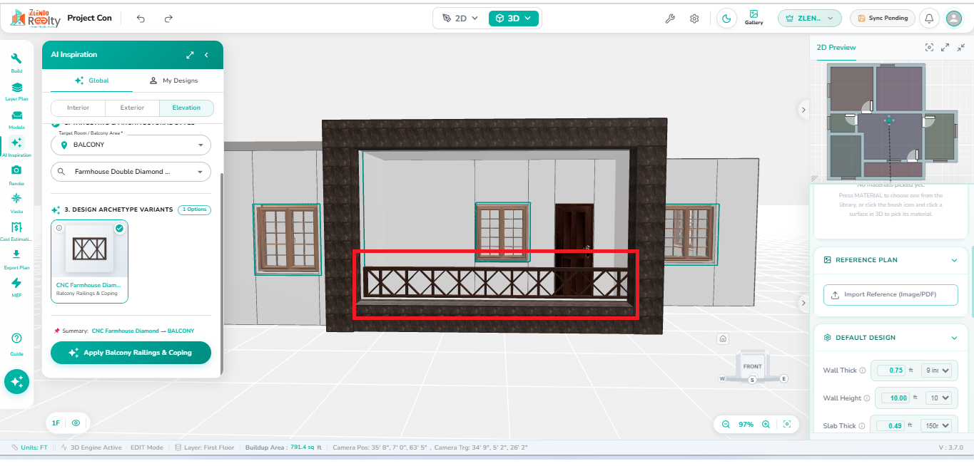 Building elevation after applying AI Inspiration balcony railing design, showing the selected decorative railing pattern installed across the balcony opening in the 3D elevation view.