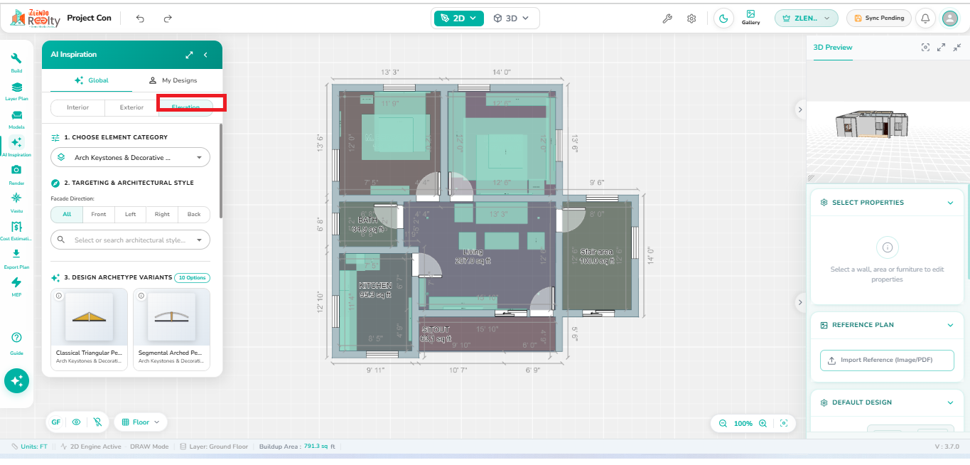 AI Inspiration panel opened in Elevation mode, displaying elevation design options with element categories, façade direction selection, architectural style filters, and elevation archetype variants for generating building elevation designs.