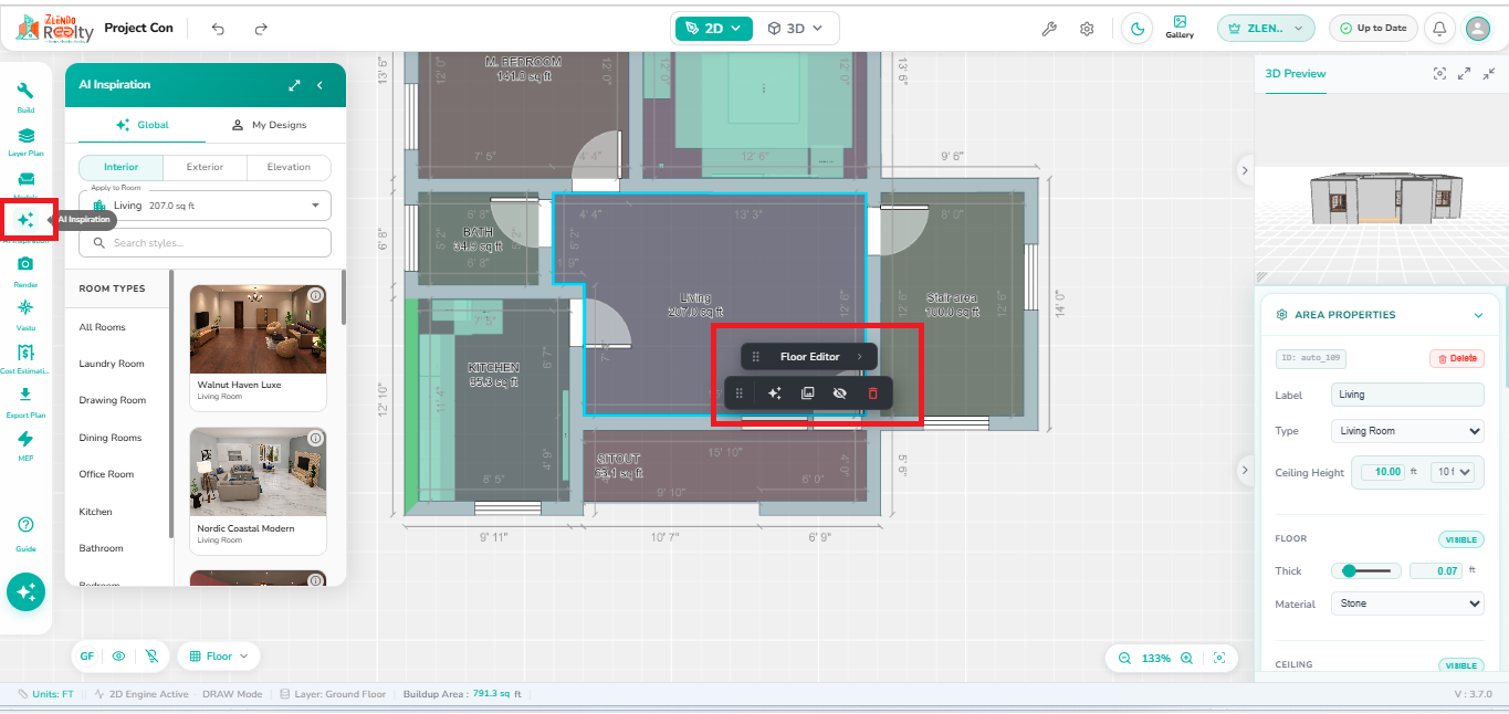 AI Inspiration panel opened from the left toolbar after selecting a room in the floor plan, displaying Interior, Exterior, and Elevation options.