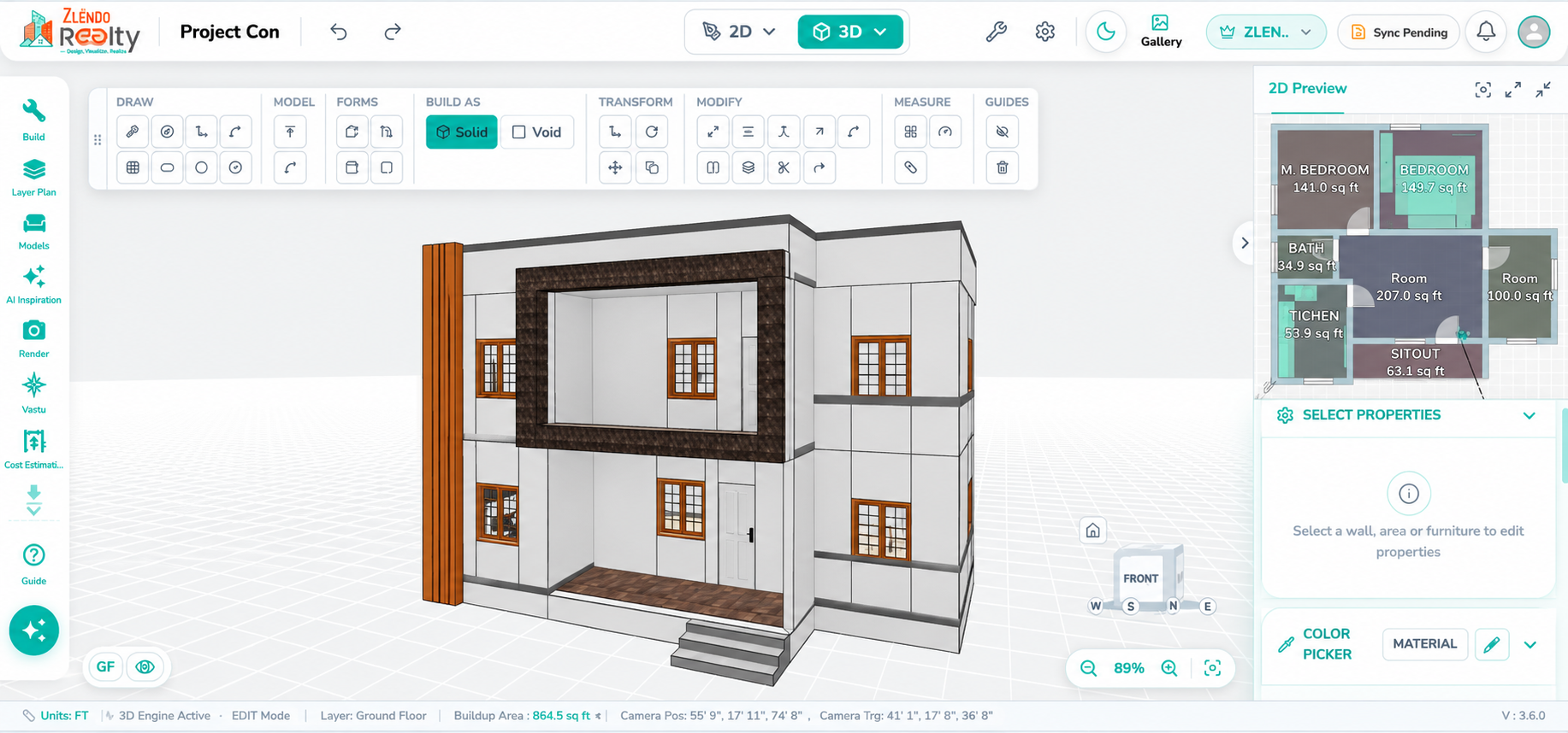 Completed 3D elevation design showing a custom rectangular frame and vertical projection created using CAD tools. The façade feature has been extruded from a rectangular profile using the Push/Pull command, resulting in a finished architectural elevation element around the balcony area.
