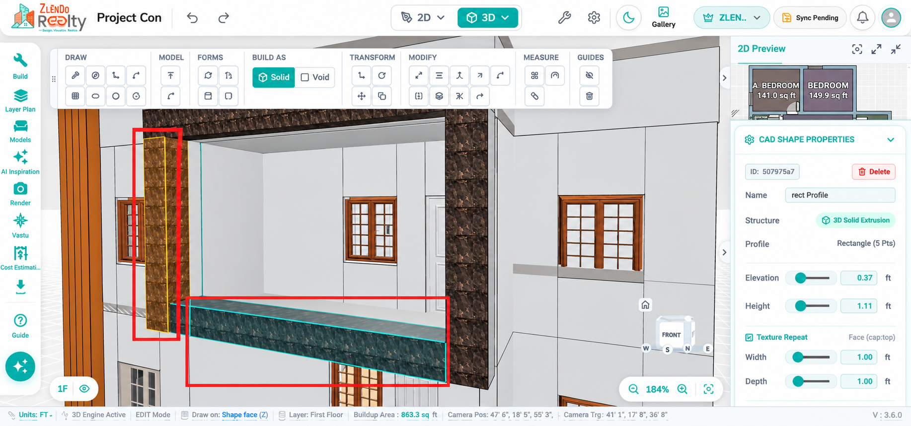 3D CAD elevation editing workspace showing selected rectangular extrusion profiles highlighted in orange. The selected CAD surfaces are ready for editing operations such as Push/Pull, Offset, Move, Rotate, and other shape modification commands, with CAD Shape Properties displayed on the right panel.