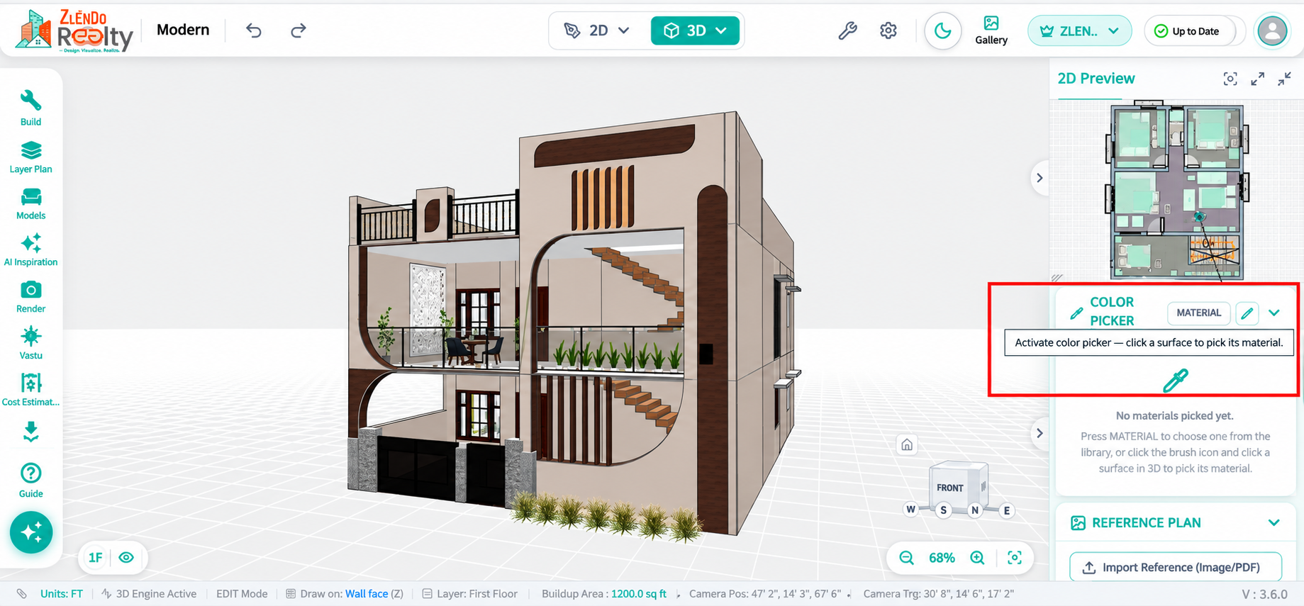 Color Picker tool activated in the properties panel, allowing a Color to be selected from one surface and applied to multiple surfaces across different floors in the 3D view.