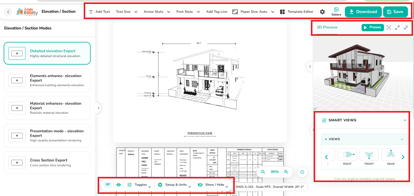 Elevation/Section workspace displaying elevation and cross-section export modes, annotation toolbar, drawing sheet preview, 3D preview panel, Smart Views navigation controls, and project export settings.