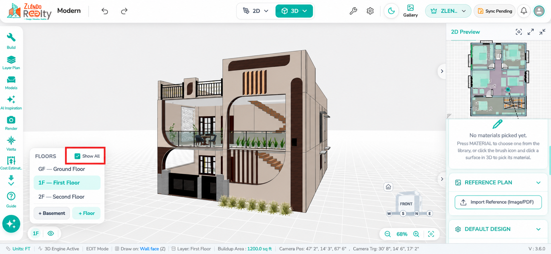 Show All checkbox enabled in the Floor Layers panel, displaying Ground Floor, First Floor, and Second Floor together in the 3D building view.