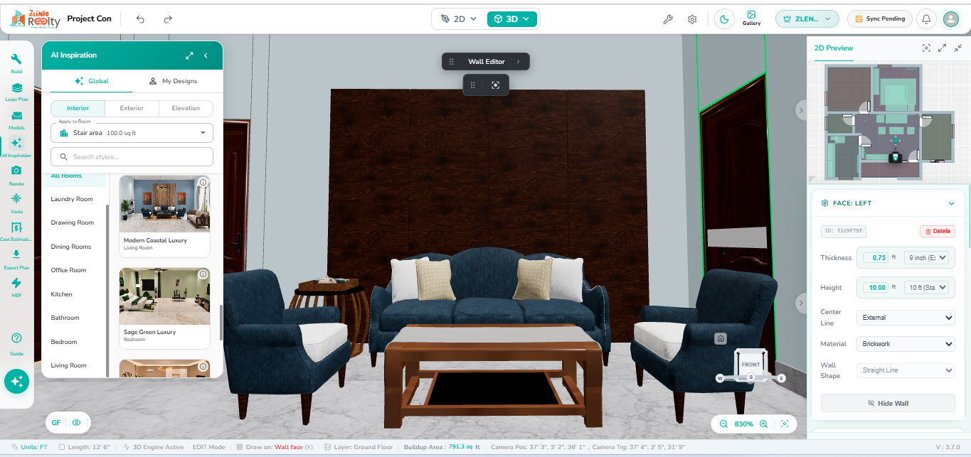 Living Room after applying AI Interior Inspiration, showing seating, coffee table, accent wall finish, flooring, and coordinated décor in 3D view.