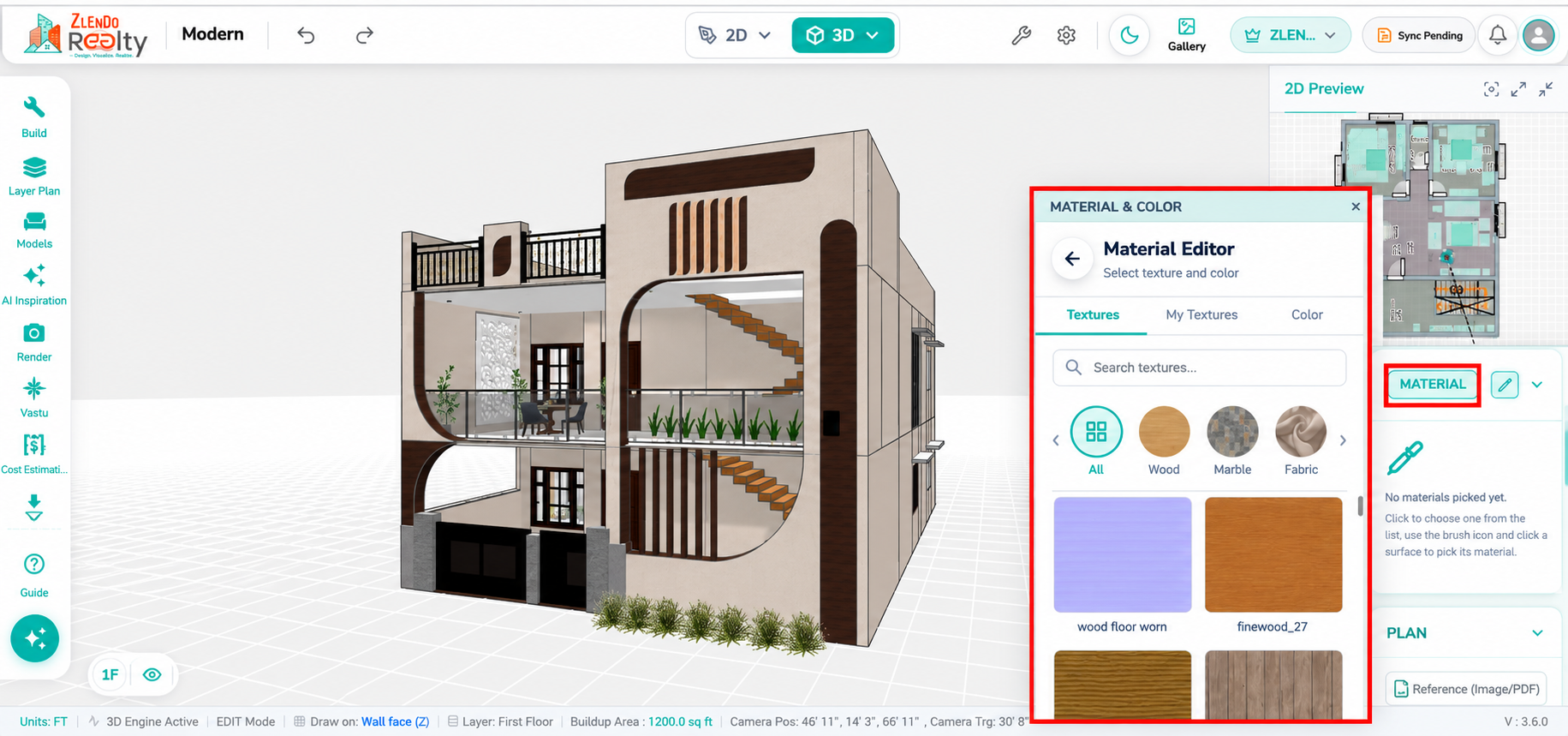 Material Editor window showing texture and color selection options, with a material ready to be applied to surfaces using the brush tool in the 3D view.